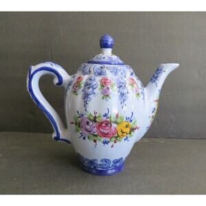 Vintage Vestal Alcobaca Coffee Pot #366 Portugal Hand Painted Blue Floral Cerami